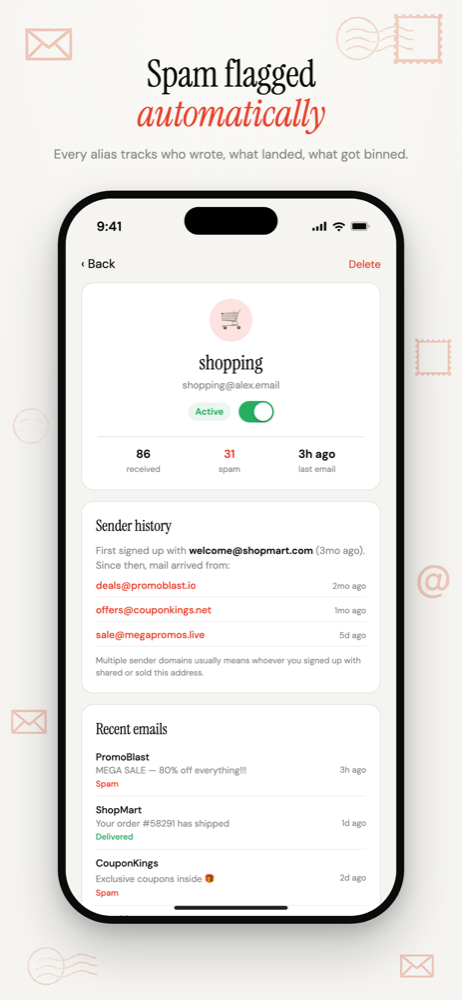 Email aliases for online shopping in the Don't SPAM Me app, showing one shop's alias and its message history