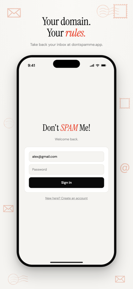 Don't SPAM Me sign-in screen in the iOS app