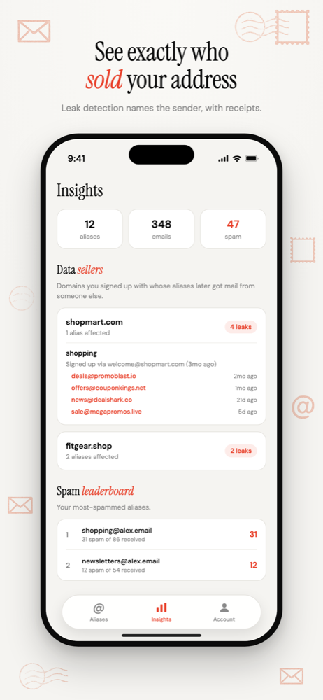 Data Sellers list in the Insights tab, showing a store that leaked one alias to four other senders